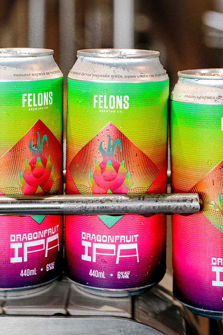 Felons Dragonfruit IPA along a packing line