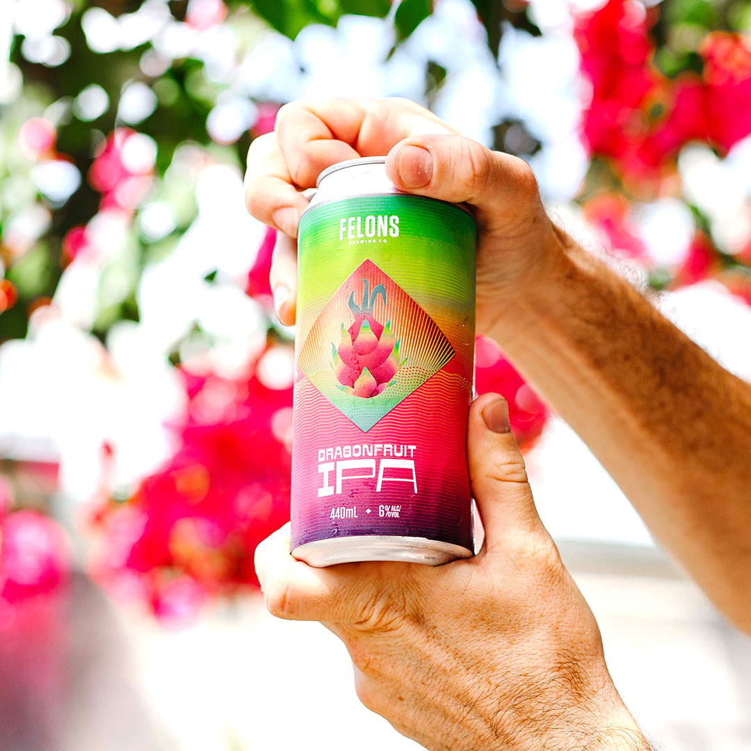 Felons Dragonfruit IPA can in hand